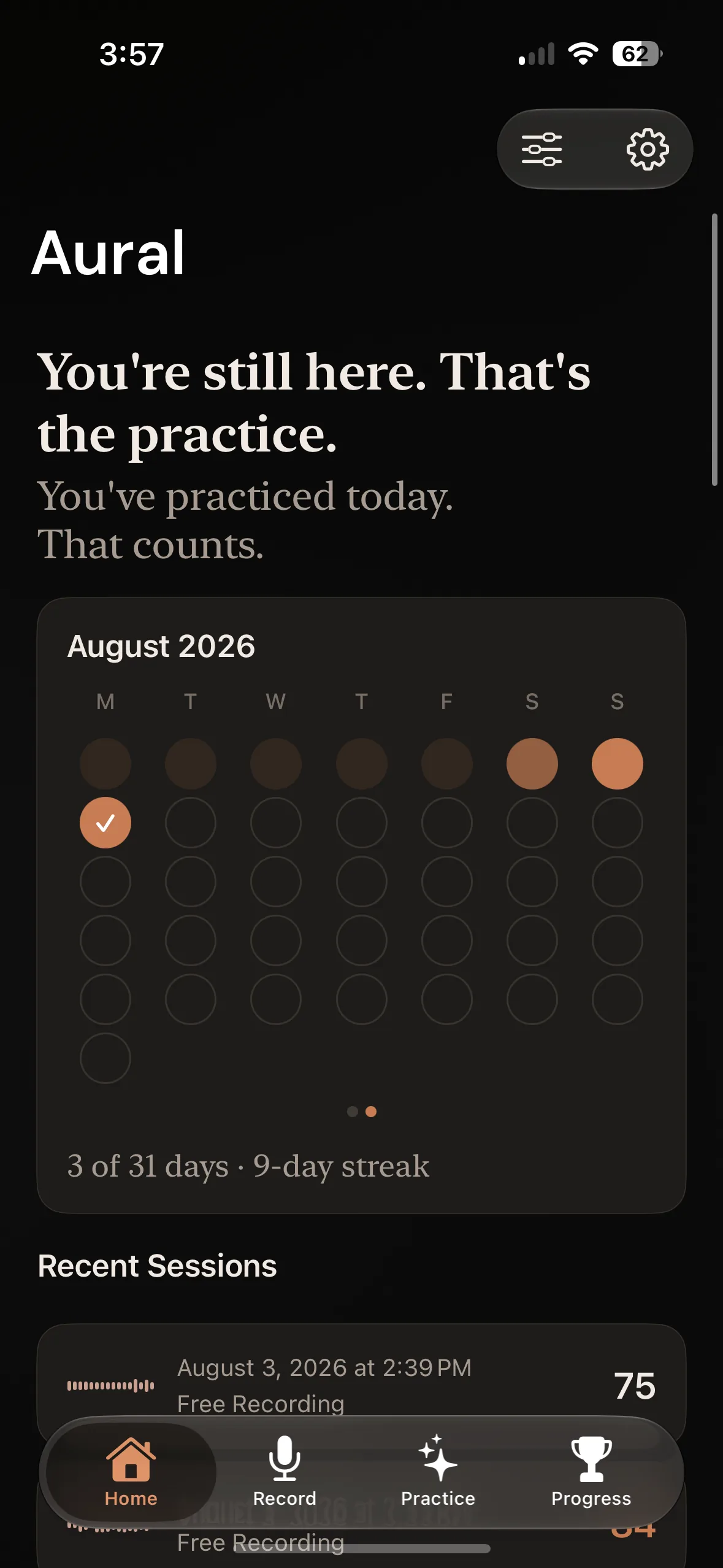 The Aural home screen in dark appearance, showing a practice streak calendar for August 2026 and recent sessions