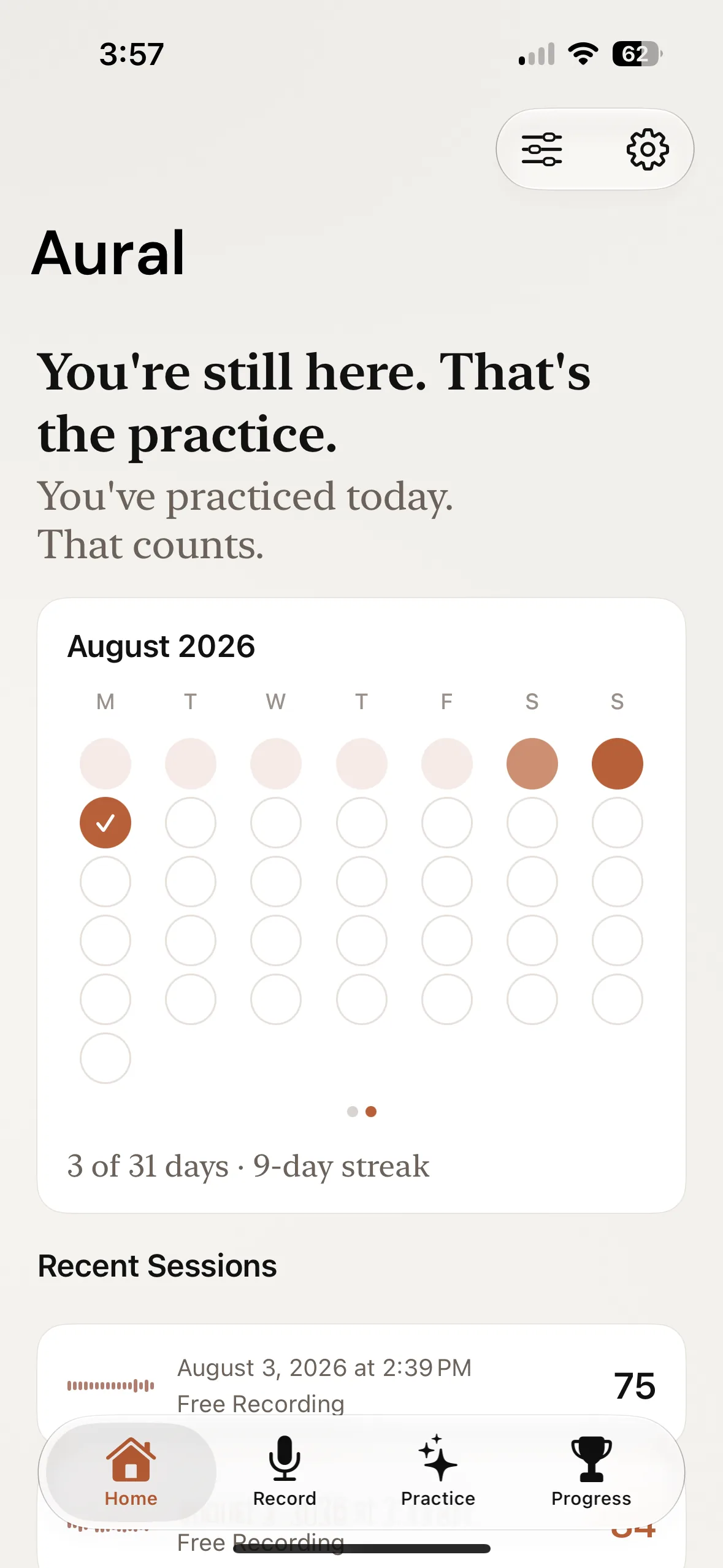 The Aural home screen in light appearance, showing a practice streak calendar for August 2026 and recent sessions